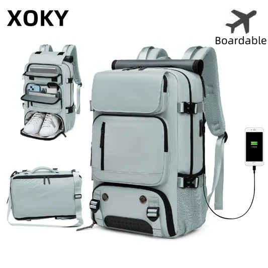 XOKY Large Travel Backpack Boardable Backpack USB Charging Waterproof Outdoor Travel Backpack independent shoe compartment 8102