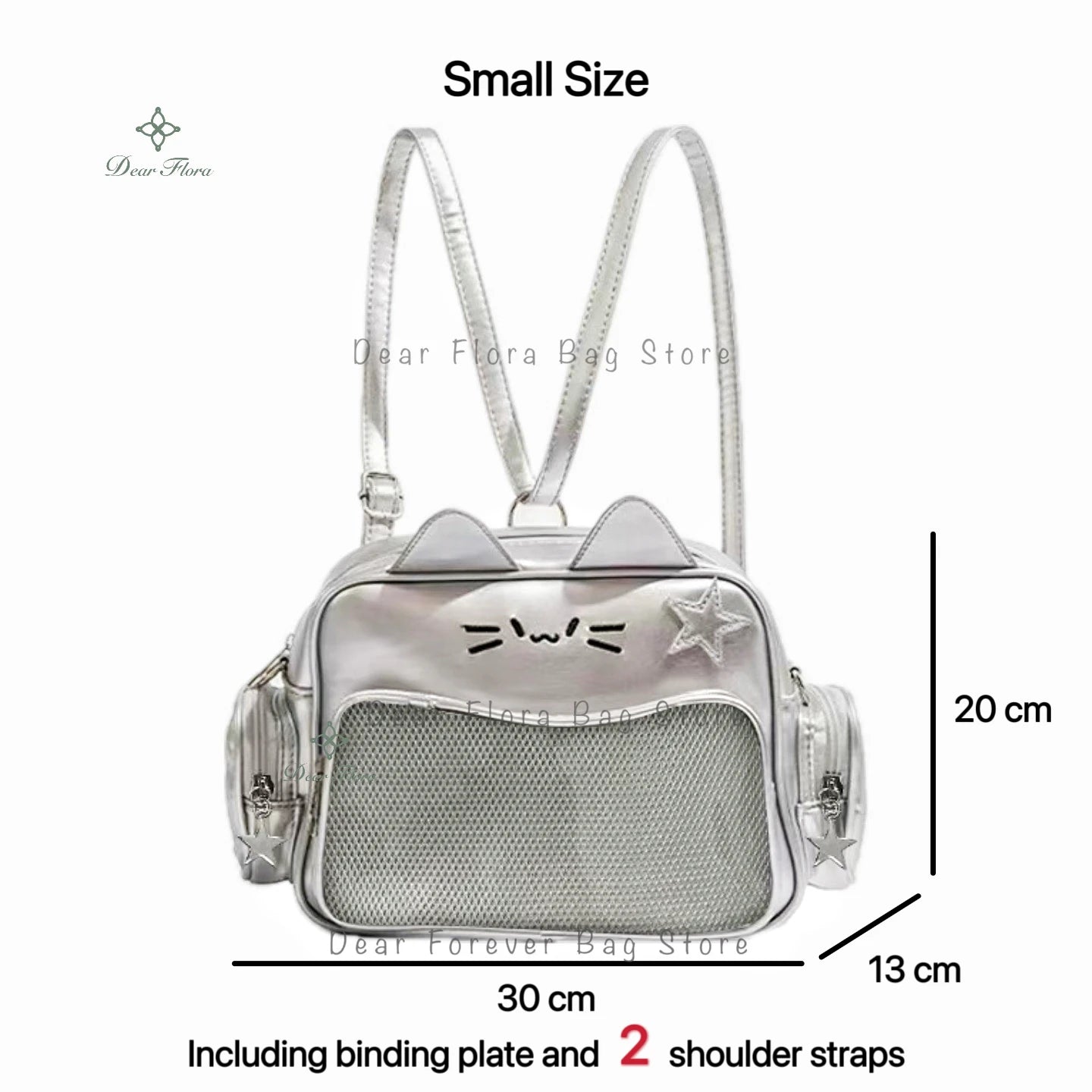 Y2K Korean Cute Cat Ita Bag Japan Kawaii PU Crossbody Bag Girls Transparent Pocket Harajuku Shoulder Bag Silver Fashion Backpack