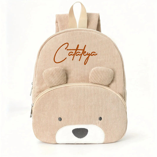 Customized Name Toddler Cartoon Backpack Cartoon Bear Corduroy Large Capacity Backpack Embroidered Name Backpack Cute Plush Bag