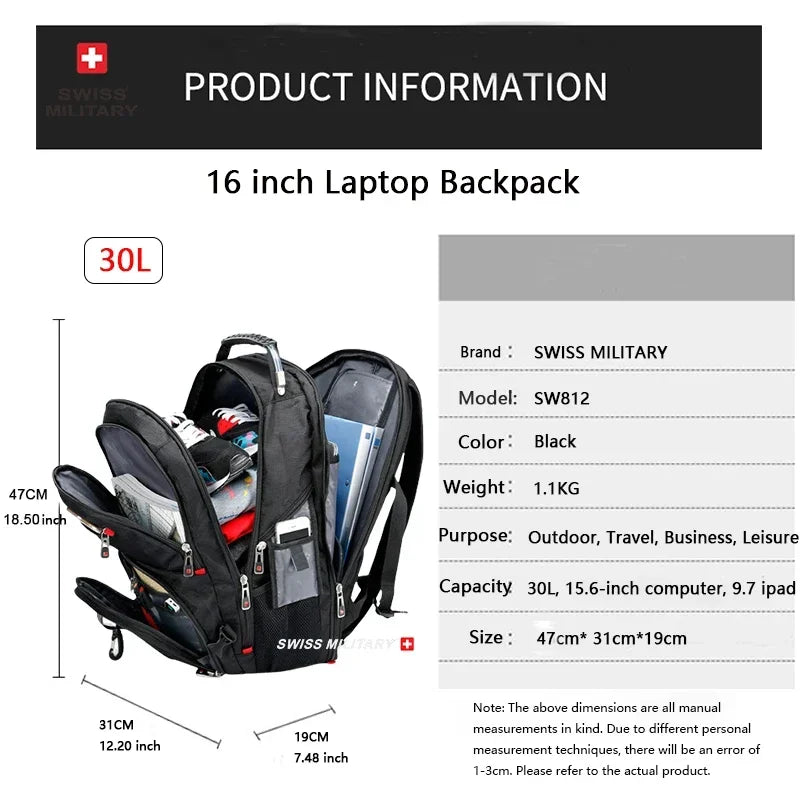 SWISS MILITARY Fashion Travel Multifunction Large Capacity Male Bag Usb Charging Waterproof 23 inch Laptop Backpack Men Mochila
