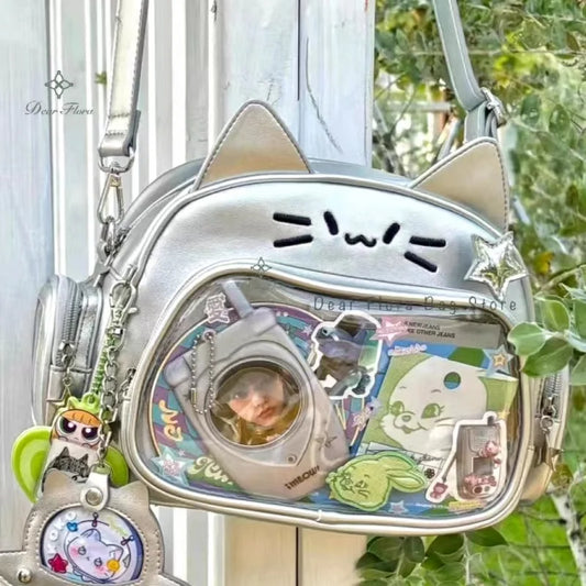 Y2K Korean Cute Cat Ita Bag Japan Kawaii PU Crossbody Bag Girls Transparent Pocket Harajuku Shoulder Bag Silver Fashion Backpack