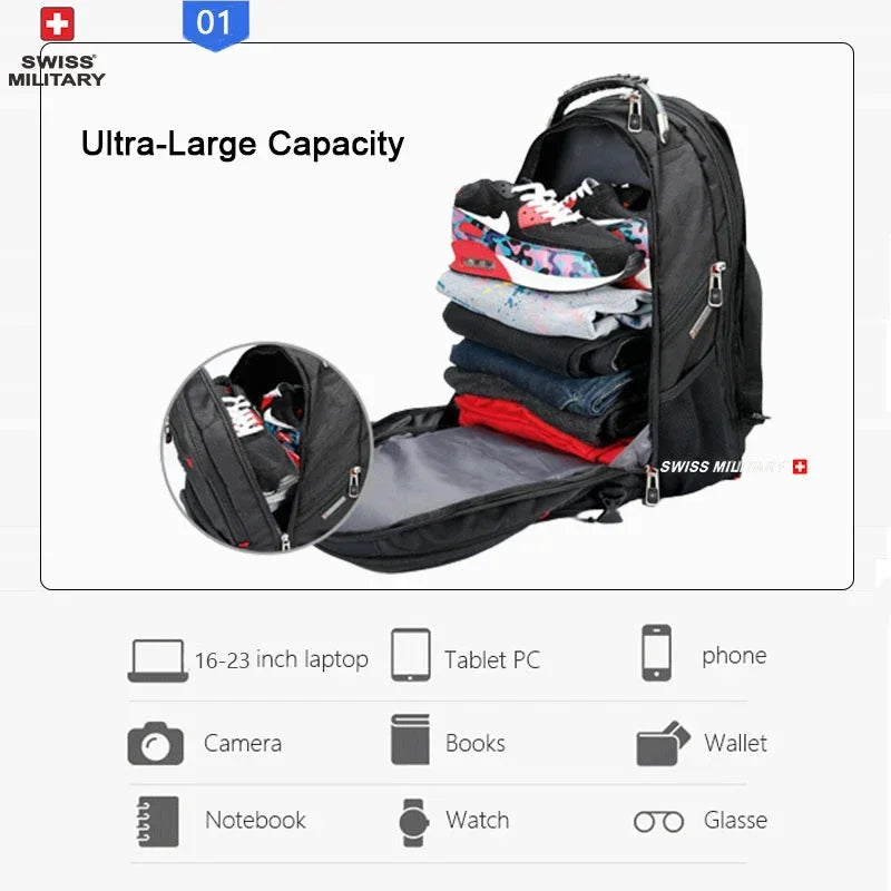 SWISS MILITARY Fashion Travel Multifunction Large Capacity Male Bag Usb Charging Waterproof 23 inch Laptop Backpack Men Mochila