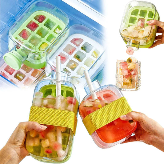 Silicone One-click Ice Mold Bottle Cooler Cup with Straw Ice Cube Tray with Lid for Freezer Creative NO TOUCH Mould for Summer