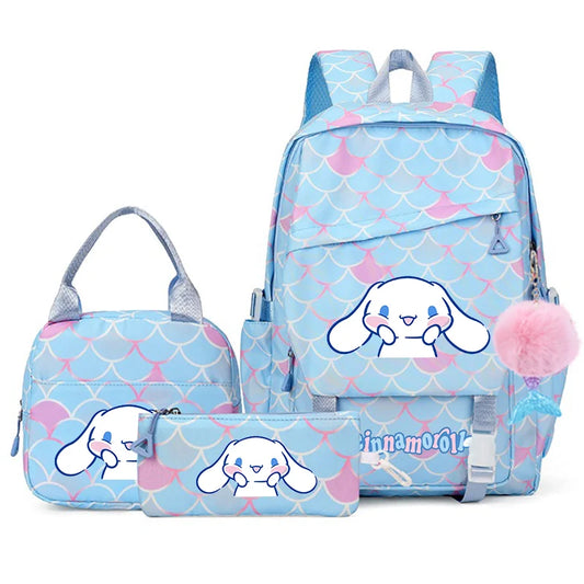 3Pcs Cinnamoroll Fish Scale Kid Backpack With Mermaid Pendant Lunch Girl School Bag Children Schoolbag For Teenage Girls