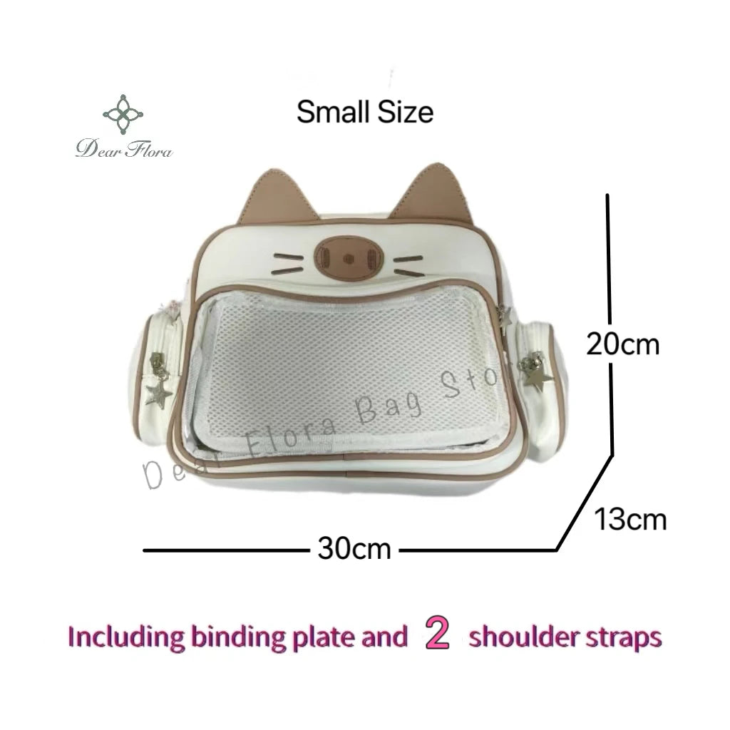 Y2K Korean Cute Cat Ita Bag Japan Kawaii PU Crossbody Bag Girls Transparent Pocket Harajuku Shoulder Bag Silver Fashion Backpack
