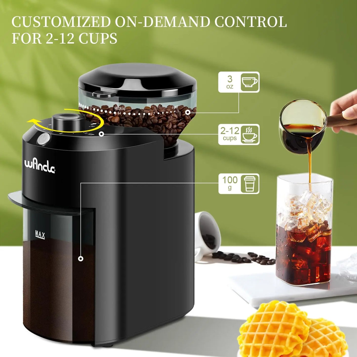 Wancle Electric Burr Coffee Grinder Adjustable Burr Mill Conical Coffee Bean Grinding with 28 Precise Grind Setting 220V/120V