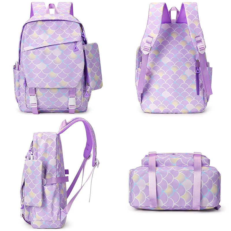 3Pcs Cinnamoroll Fish Scale Kid Backpack With Mermaid Pendant Lunch Girl School Bag Children Schoolbag For Teenage Girls