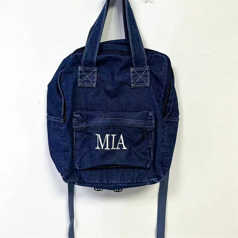 Women's Denim Backpack Personalized Gift Bag Embroidered Name Kids Adult Shoulder Bags Simple College Student Denim Schoolbag