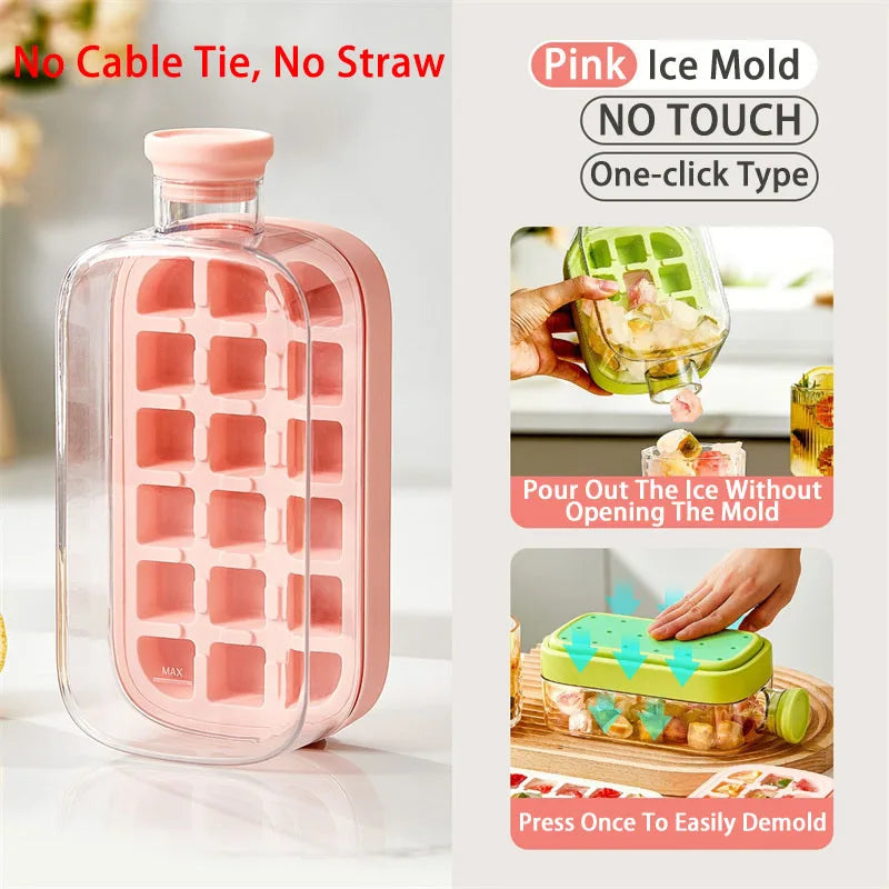 Silicone One-click Ice Mold Bottle Cooler Cup with Straw Ice Cube Tray with Lid for Freezer Creative NO TOUCH Mould for Summer