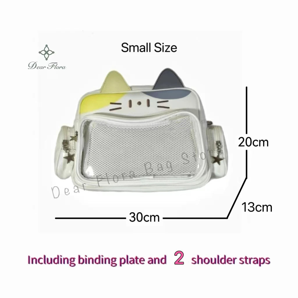 Y2K Korean Cute Cat Ita Bag Japan Kawaii PU Crossbody Bag Girls Transparent Pocket Harajuku Shoulder Bag Silver Fashion Backpack