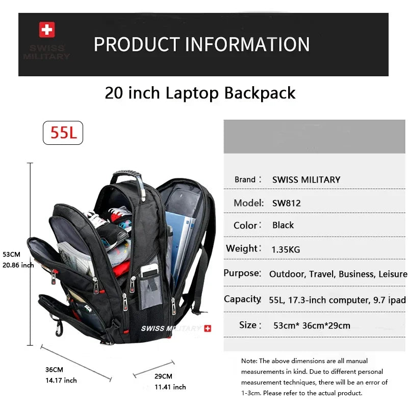 SWISS MILITARY Fashion Travel Multifunction Large Capacity Male Bag Usb Charging Waterproof 23 inch Laptop Backpack Men Mochila