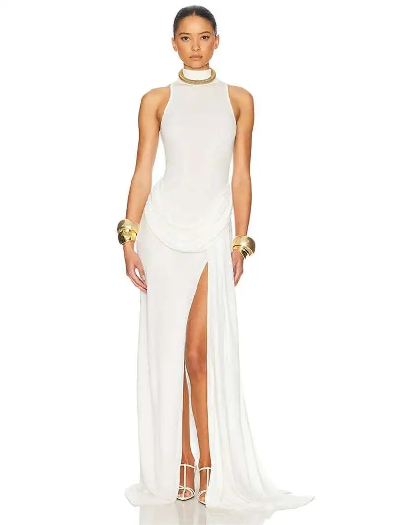 Blifanbo Turtleneck Off-shoulder Sleeveless Thigh Split High Waist Pleated Maxi Dress For Women Elegant Fashion Club Party Dress