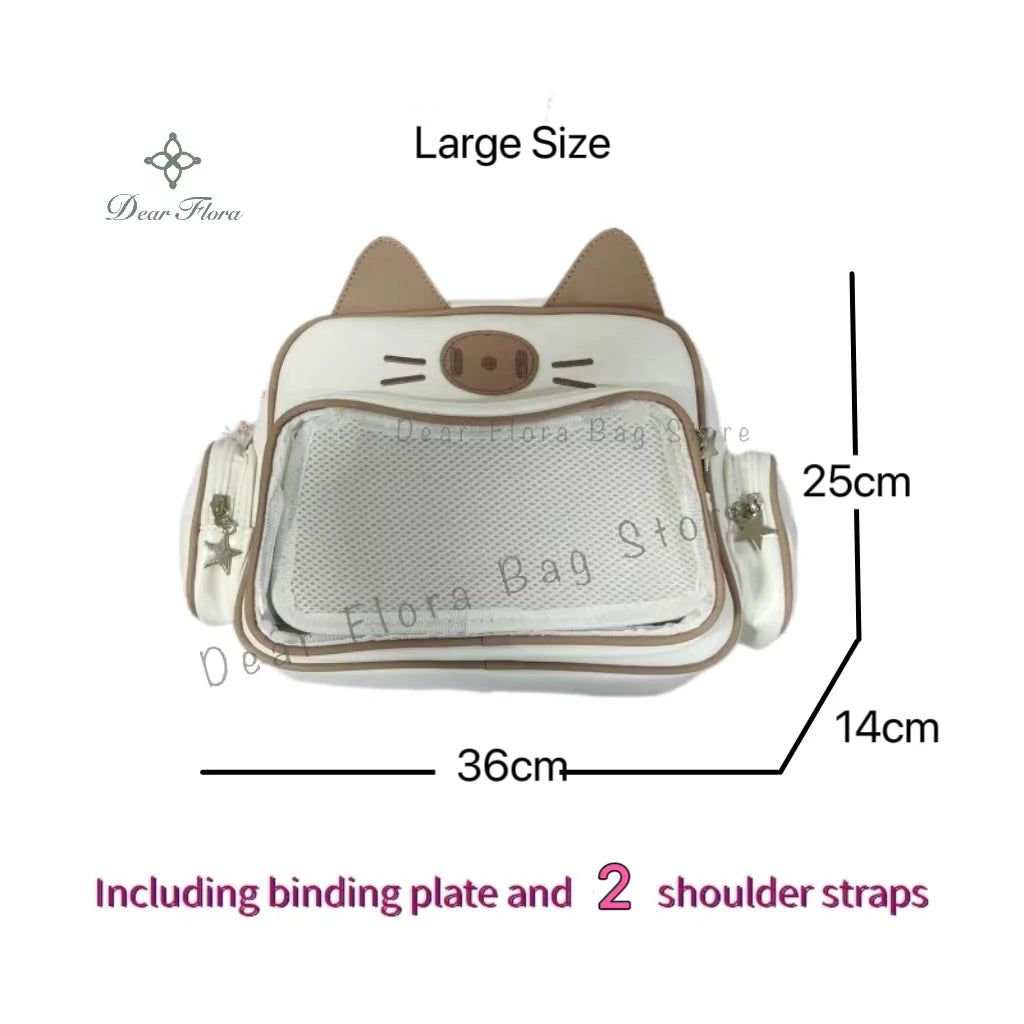 Y2K Korean Cute Cat Ita Bag Japan Kawaii PU Crossbody Bag Girls Transparent Pocket Harajuku Shoulder Bag Silver Fashion Backpack