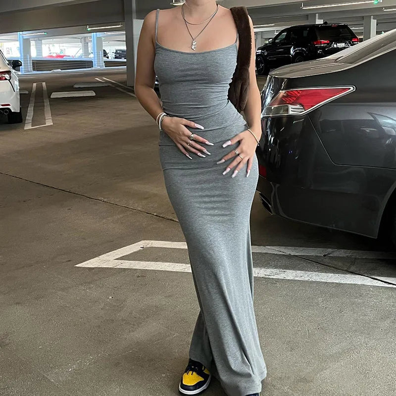 2025 Summer Dresses For Women Sexy Spaghetti Strap Black Long Dress Y2k Sleeveless Solid Skinny Bodycon Trumpet Maxi Vestidos