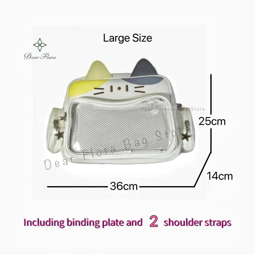 Y2K Korean Cute Cat Ita Bag Japan Kawaii PU Crossbody Bag Girls Transparent Pocket Harajuku Shoulder Bag Silver Fashion Backpack