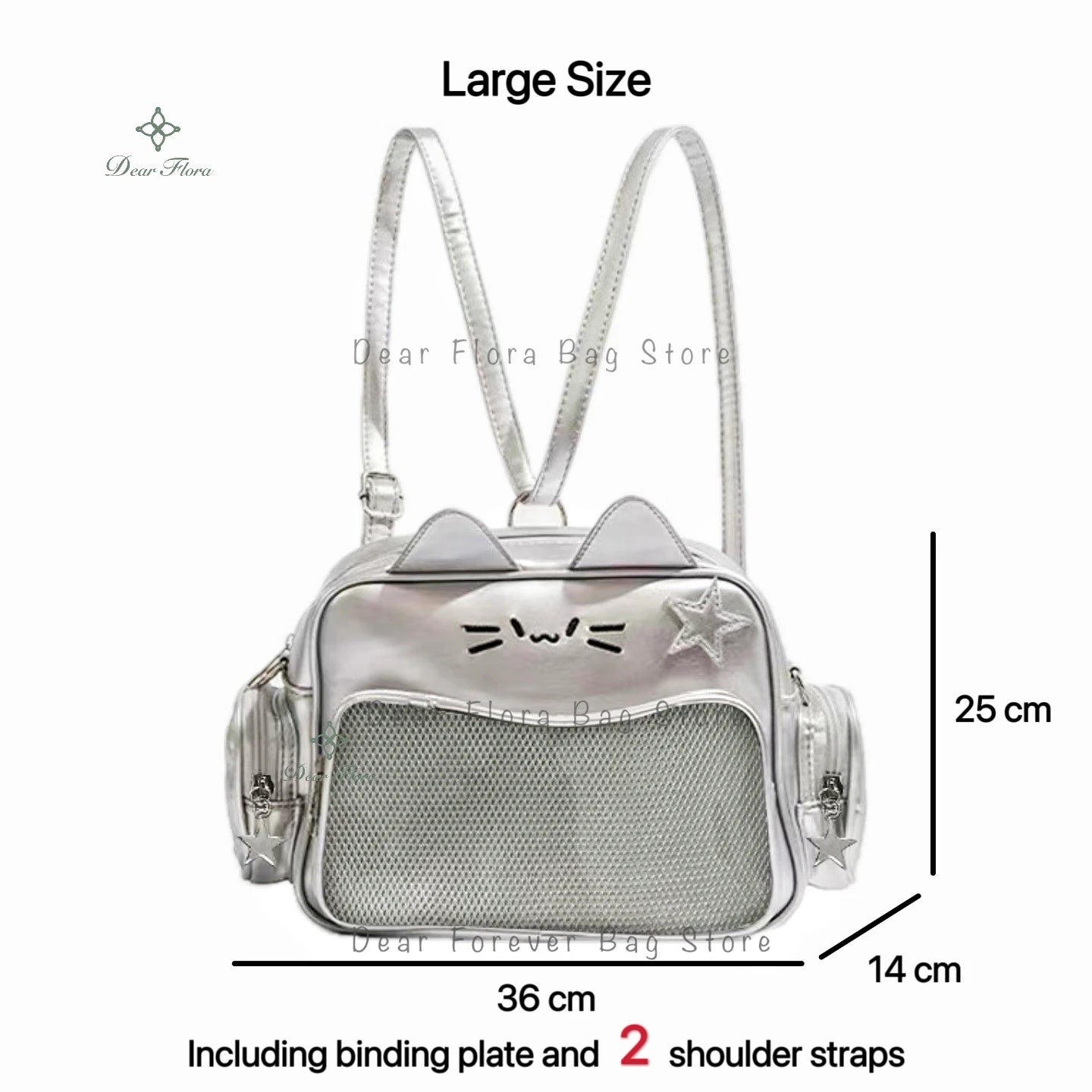 Y2K Korean Cute Cat Ita Bag Japan Kawaii PU Crossbody Bag Girls Transparent Pocket Harajuku Shoulder Bag Silver Fashion Backpack