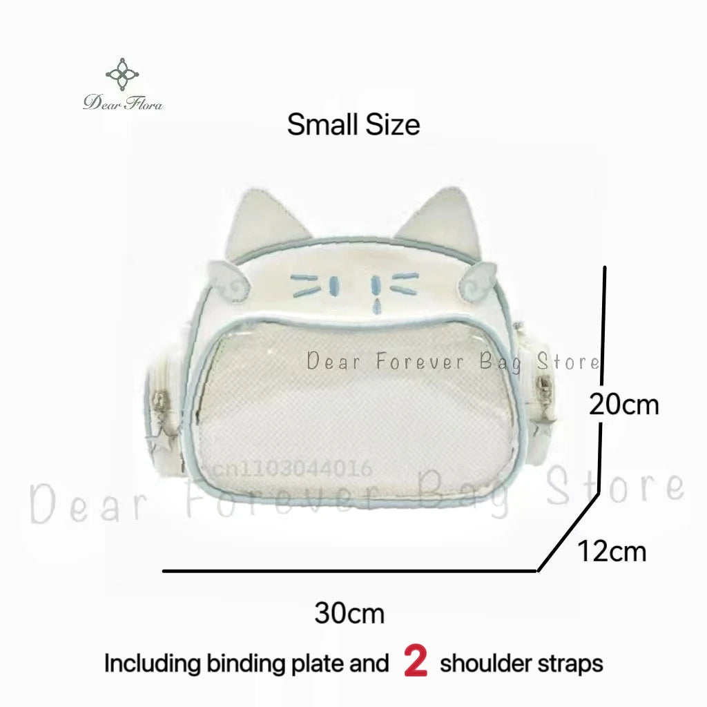 Y2K Korean Cute Cat Ita Bag Japan Kawaii PU Crossbody Bag Girls Transparent Pocket Harajuku Shoulder Bag Silver Fashion Backpack
