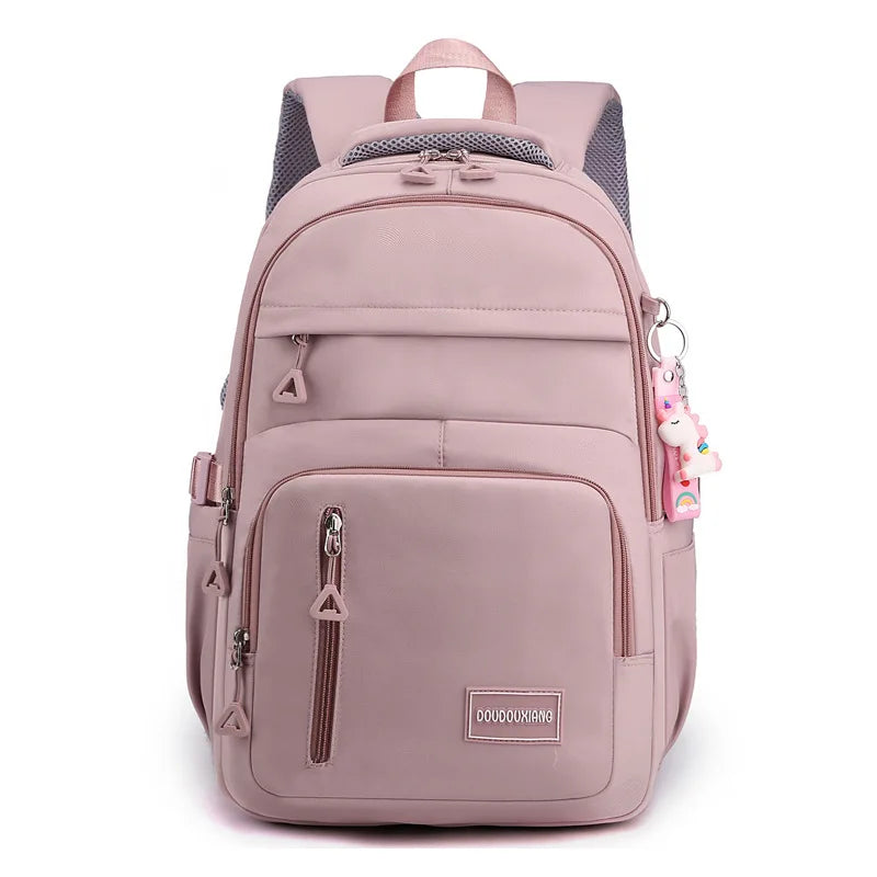 Girls School Bag With pendant Nylon Backpack Travel Rucksack Multi Pockets Waterproof Casual Simple Style Schoolbag for Teenager
