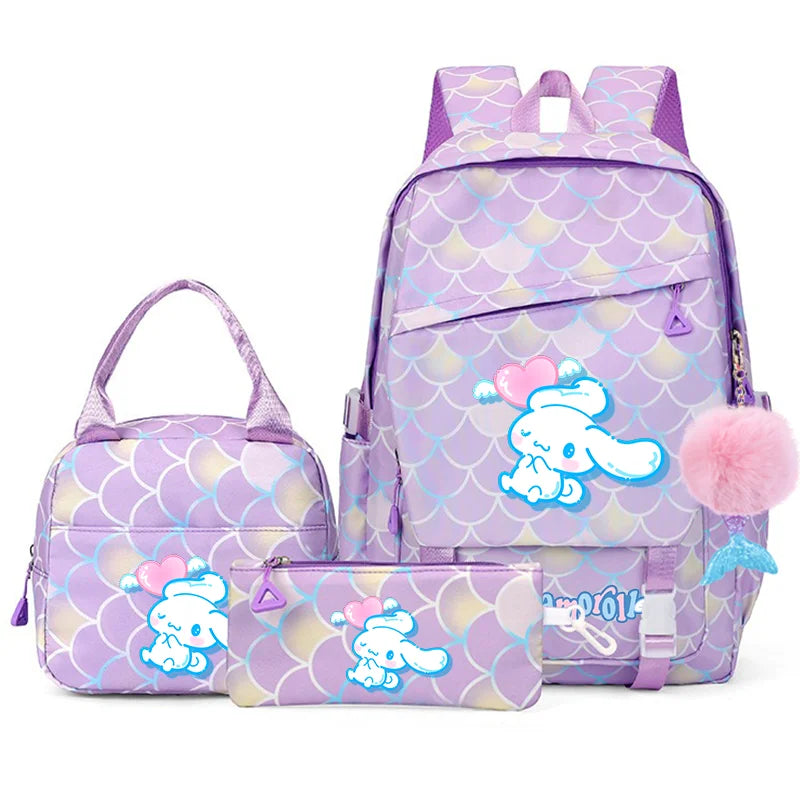 3Pcs Cinnamoroll Fish Scale Kid Backpack With Mermaid Pendant Lunch Girl School Bag Children Schoolbag For Teenage Girls