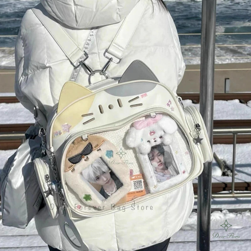 Y2K Korean Cute Cat Ita Bag Japan Kawaii PU Crossbody Bag Girls Transparent Pocket Harajuku Shoulder Bag Silver Fashion Backpack