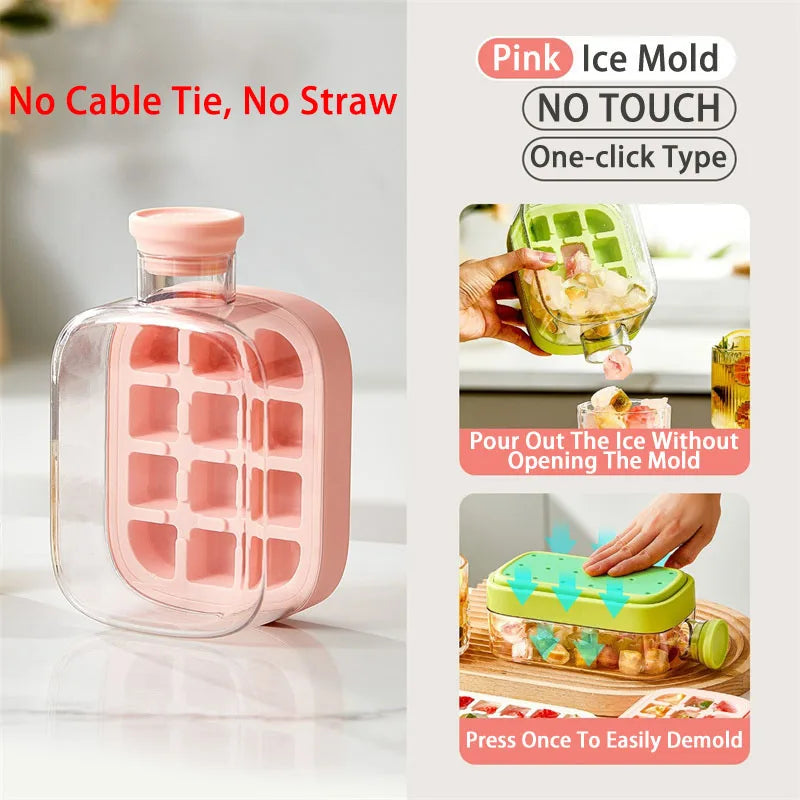 Silicone One-click Ice Mold Bottle Cooler Cup with Straw Ice Cube Tray with Lid for Freezer Creative NO TOUCH Mould for Summer