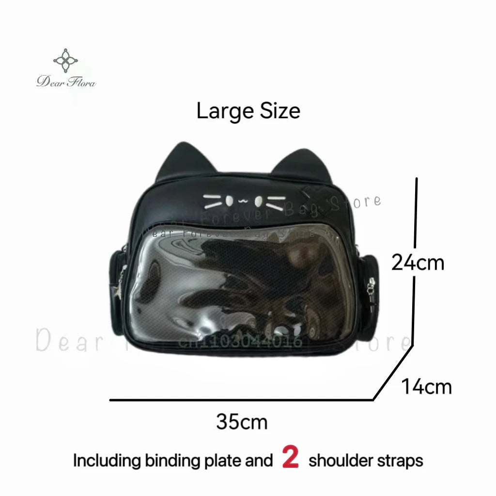 Y2K Korean Cute Cat Ita Bag Japan Kawaii PU Crossbody Bag Girls Transparent Pocket Harajuku Shoulder Bag Silver Fashion Backpack