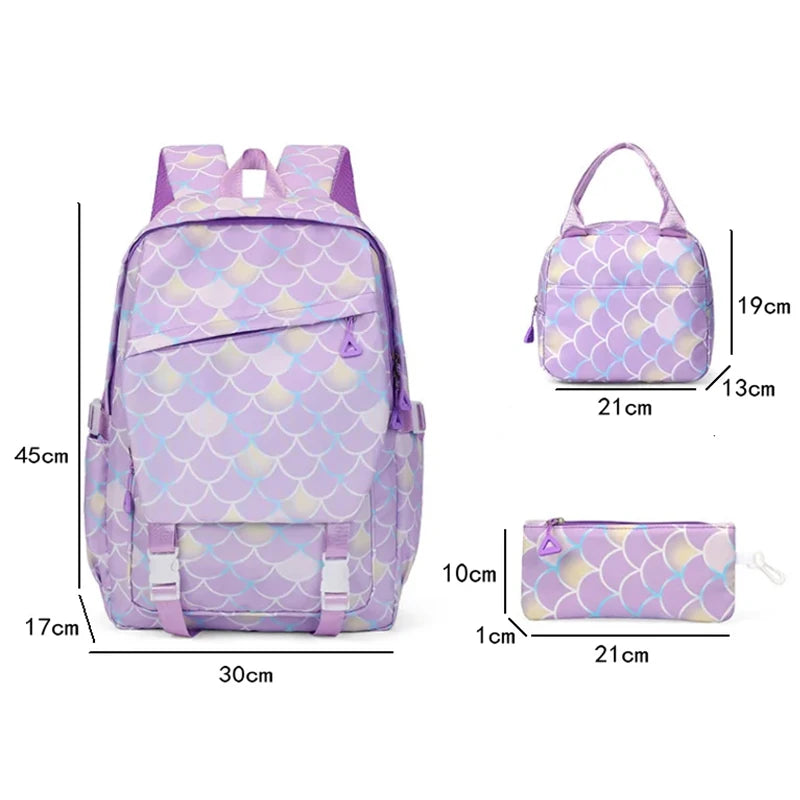 3Pcs Cinnamoroll Fish Scale Kid Backpack With Mermaid Pendant Lunch Girl School Bag Children Schoolbag For Teenage Girls