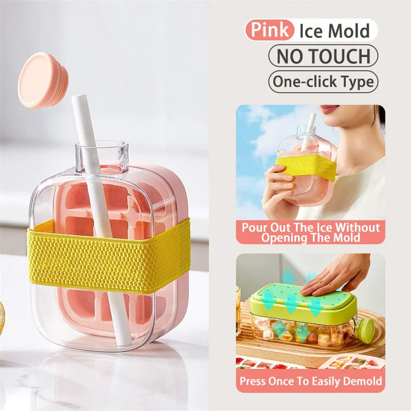 Silicone One-click Ice Mold Bottle Cooler Cup with Straw Ice Cube Tray with Lid for Freezer Creative NO TOUCH Mould for Summer