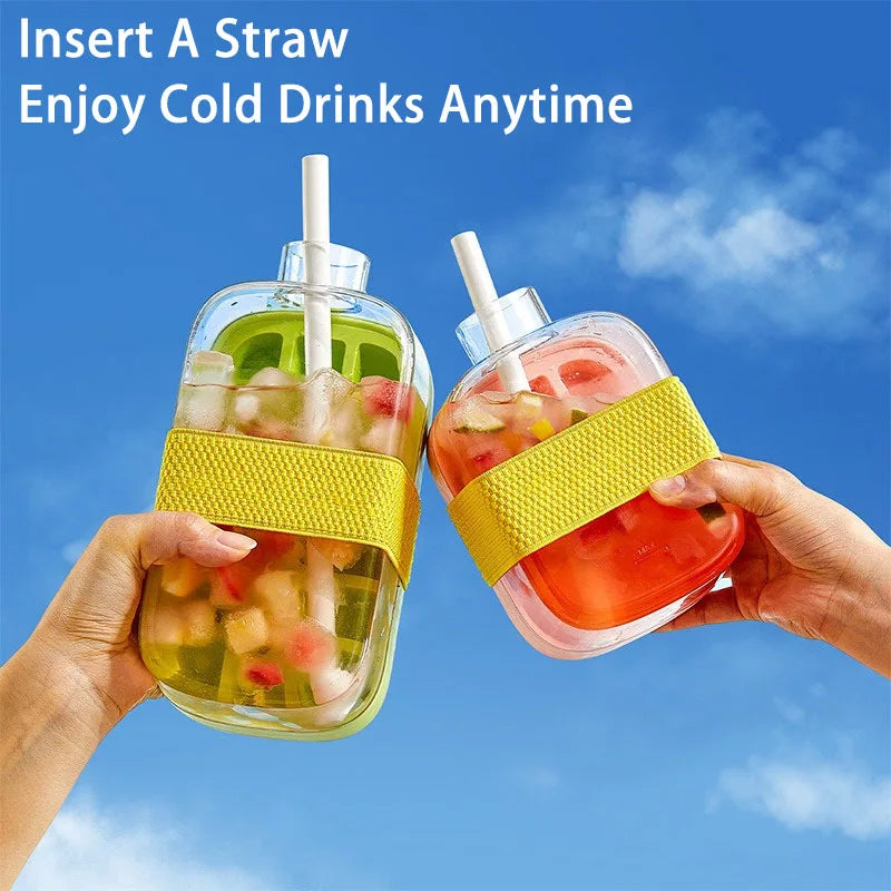 Silicone One-click Ice Mold Bottle Cooler Cup with Straw Ice Cube Tray with Lid for Freezer Creative NO TOUCH Mould for Summer