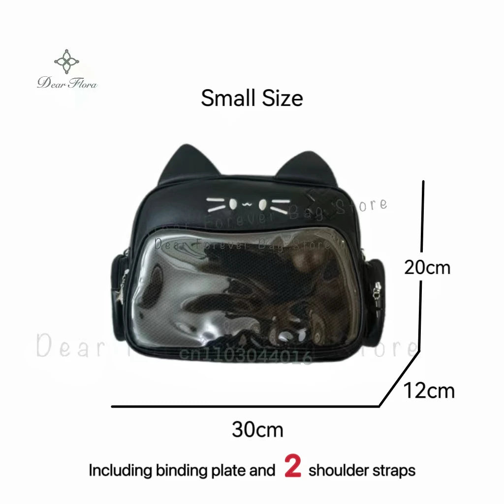 Y2K Korean Cute Cat Ita Bag Japan Kawaii PU Crossbody Bag Girls Transparent Pocket Harajuku Shoulder Bag Silver Fashion Backpack