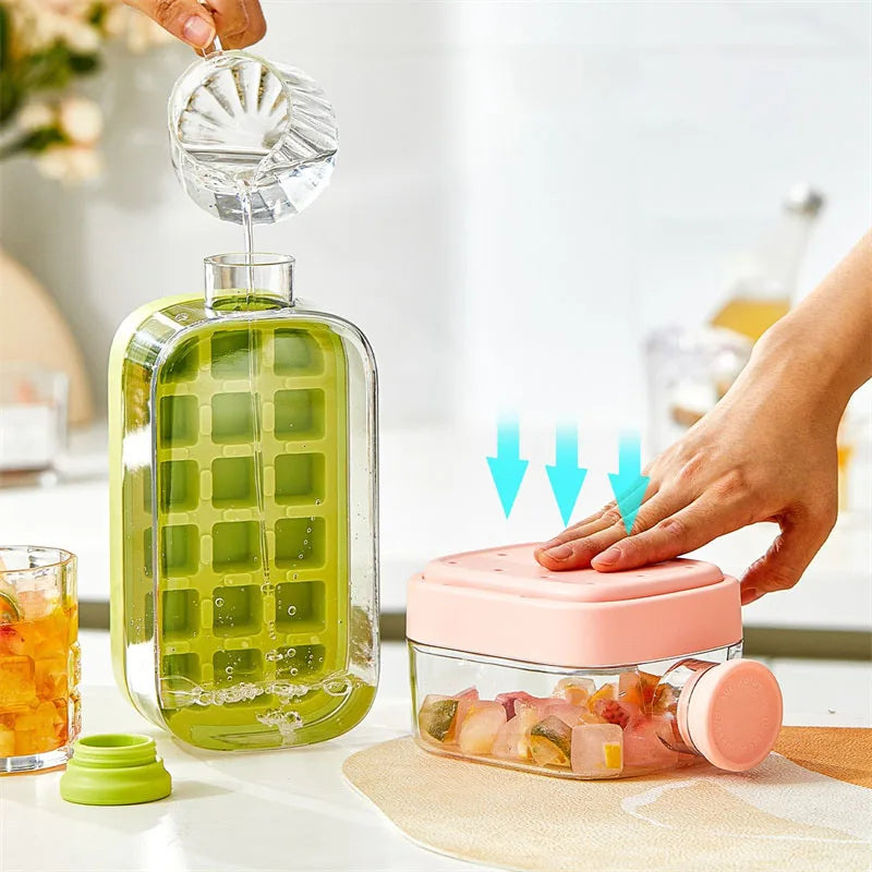 Silicone One-click Ice Mold Bottle Cooler Cup with Straw Ice Cube Tray with Lid for Freezer Creative NO TOUCH Mould for Summer