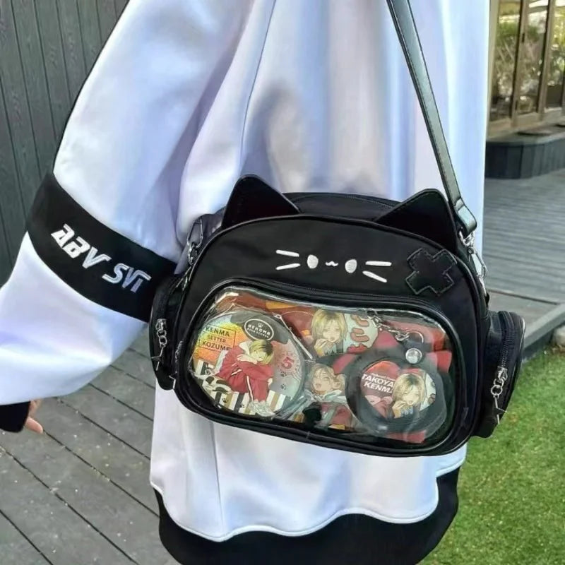 Y2K Korean Cute Cat Ita Bag Japan Kawaii PU Crossbody Bag Girls Transparent Pocket Harajuku Shoulder Bag Silver Fashion Backpack