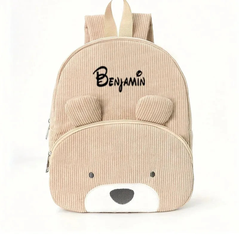 Customized Name Toddler Cartoon Backpack Cartoon Bear Corduroy Large Capacity Backpack Embroidered Name Backpack Cute Plush Bag