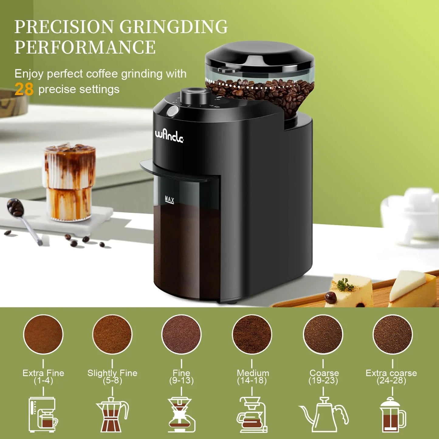 Wancle Electric Burr Coffee Grinder Adjustable Burr Mill Conical Coffee Bean Grinding with 28 Precise Grind Setting 220V/120V