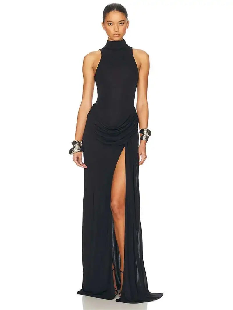 Blifanbo Turtleneck Off-shoulder Sleeveless Thigh Split High Waist Pleated Maxi Dress For Women Elegant Fashion Club Party Dress