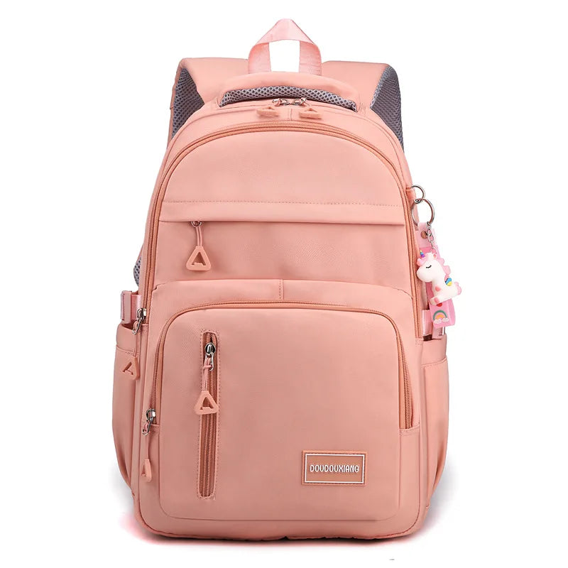 Girls School Bag With pendant Nylon Backpack Travel Rucksack Multi Pockets Waterproof Casual Simple Style Schoolbag for Teenager