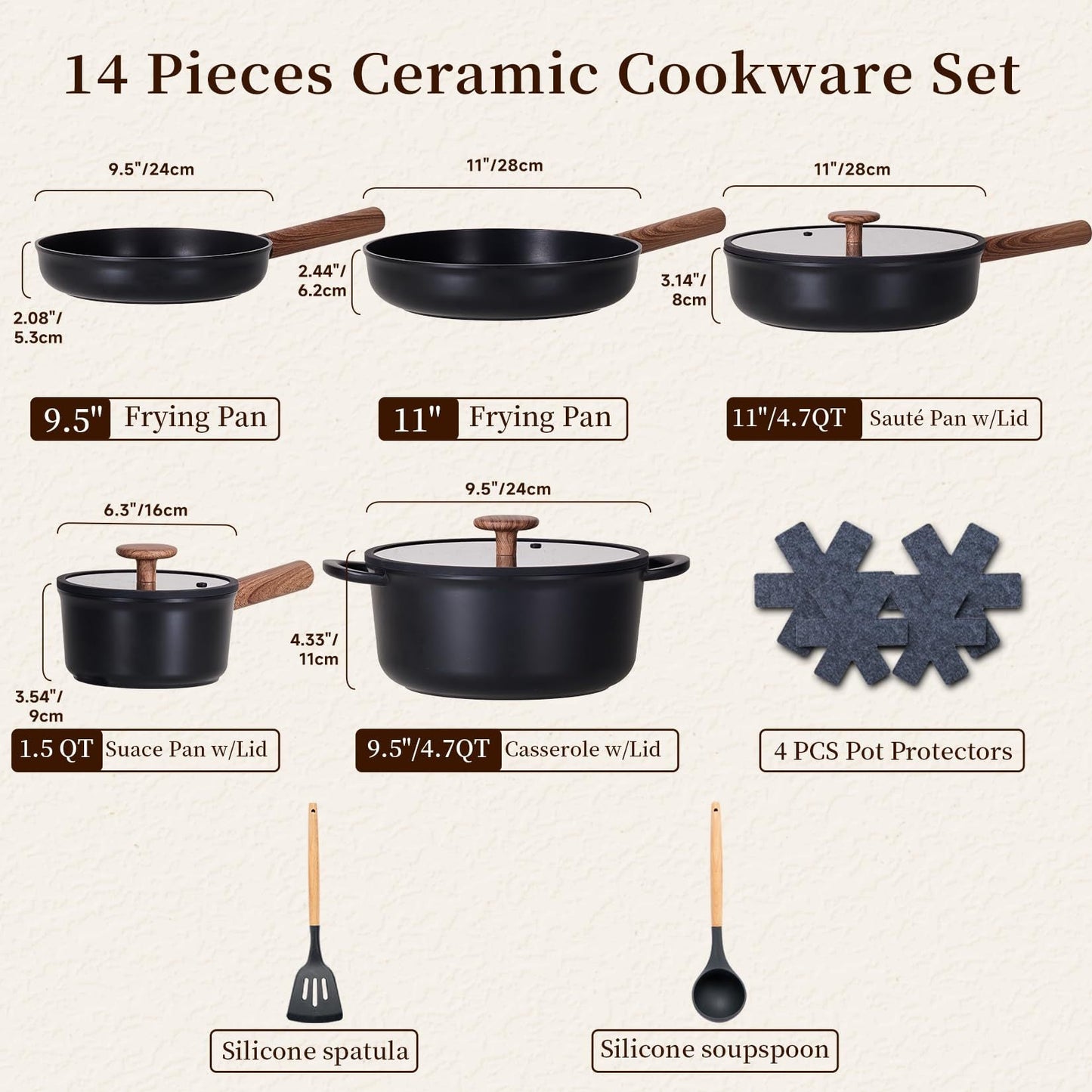 Ceramic Cookware Sets 15 Pcs, Healthy Pots And Pans Set Non Stick,
